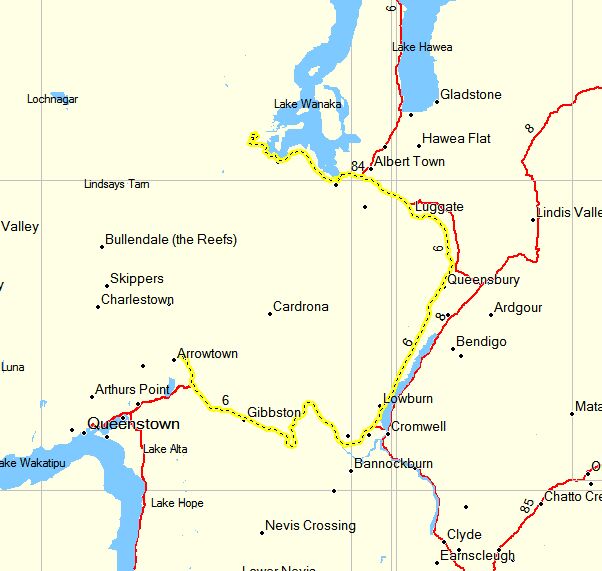 Und hier wieder unsere Route von Arrowtown nach Wanaka, mit Umweg.